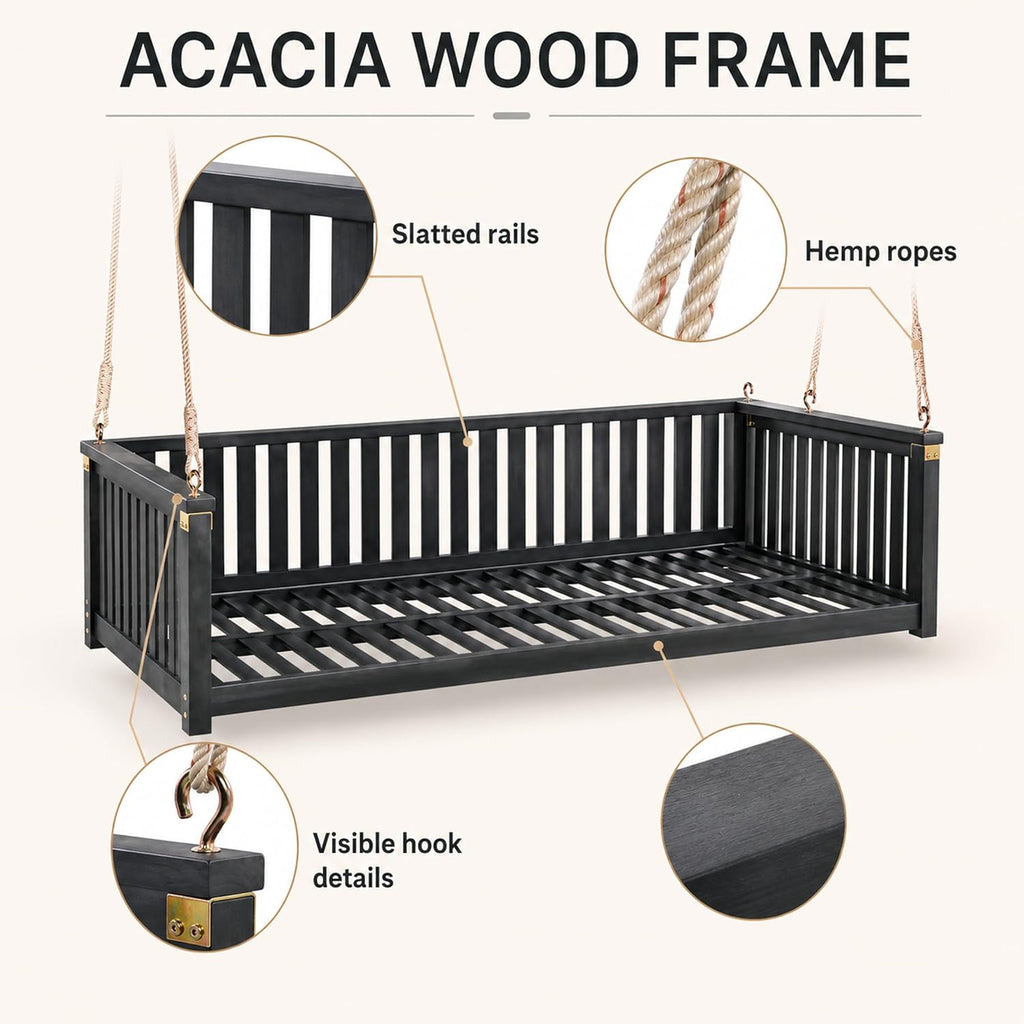 Outdoor Porch Swing Bed, Twin Size Acacia Wood Daybed (Black) | Acacia Wood Frame, Hemp Ropes, Fits Twin Mattress