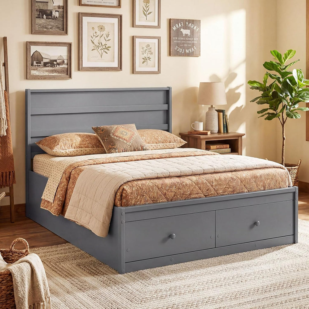 Full Size Wood Platform Bed Frame with 2 Storage Drawers and Headboard, Enclosed Base, Grey