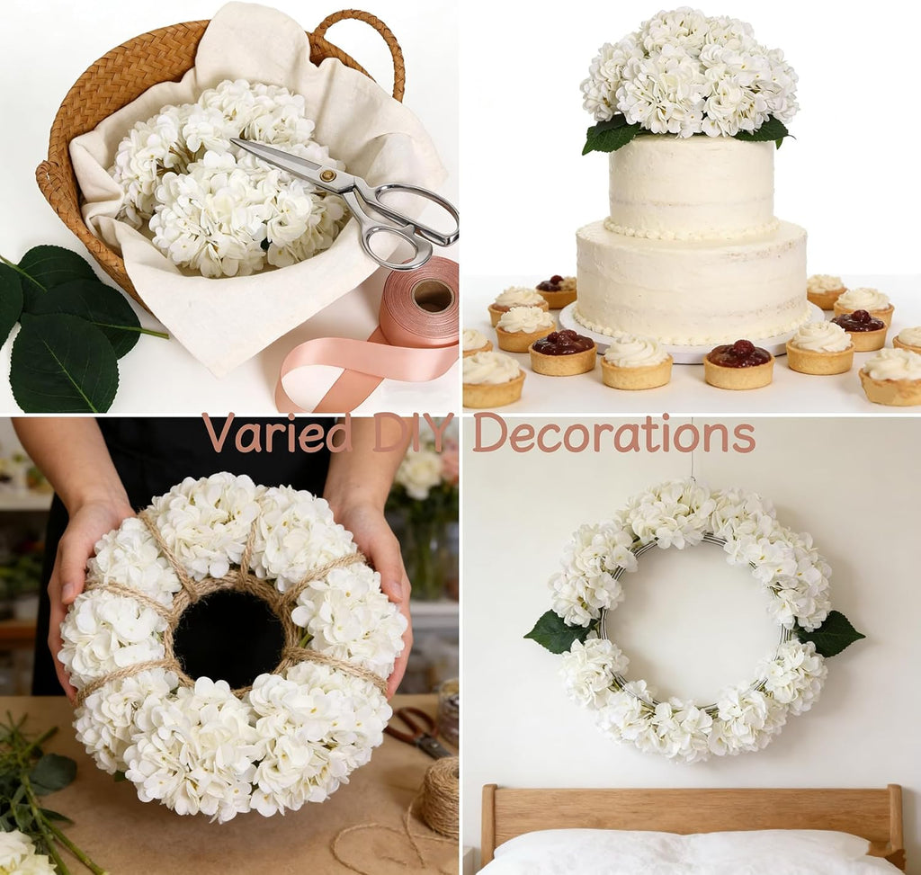 White Hydrangea Artificial Flowers Silk Fake Hydrangeas - Set of 6