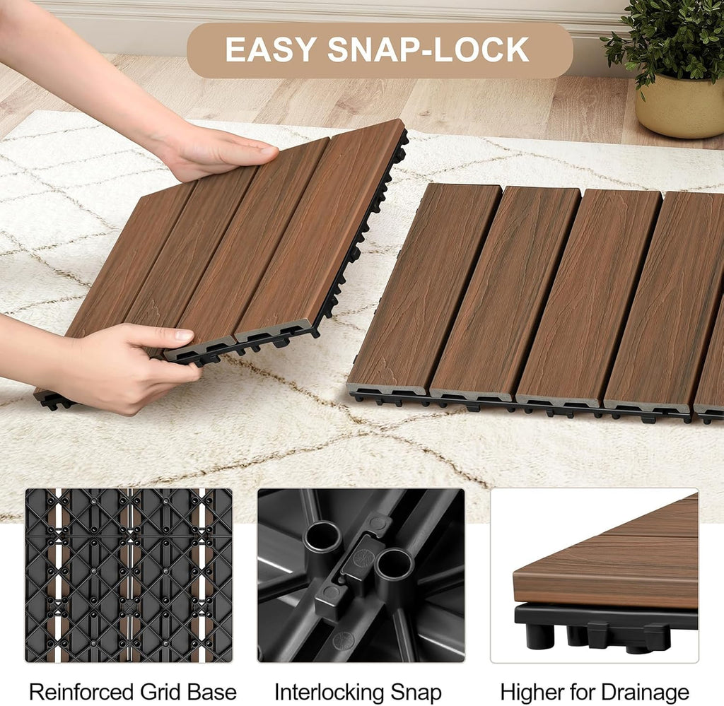 Interlocking Deck Tiles 9 PCS, 12" x 12" All-Weather Plastic-Wood Outdoor Patio Flooring Tiles for Indoor, Balcony