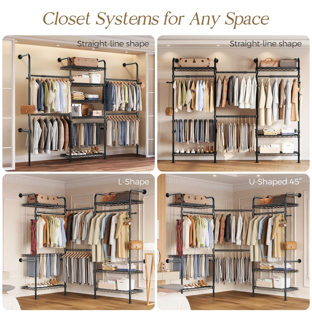 Closet Organizers Wall Mounted Closet System, 3-Row Heavy Duty Garment Clothes Rack, Industrial Pipe Clothing Rack