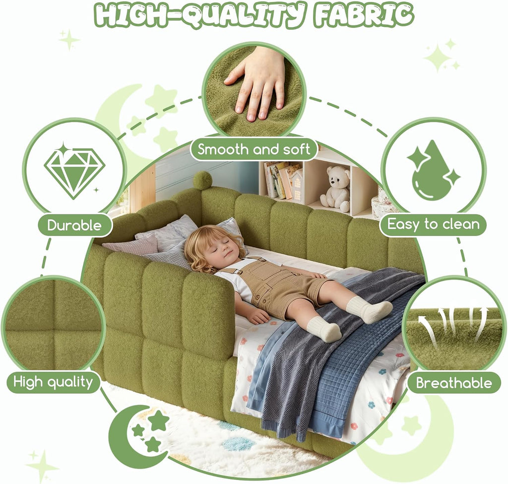Upholstered Montessori Floor Bed with Fence, Green
