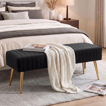 44 Inch Bedroom Bench, Upholstered Tufted Striped Fabric Ottoman Benches with X-Shaped Metal Legs Solid Wood Indoor