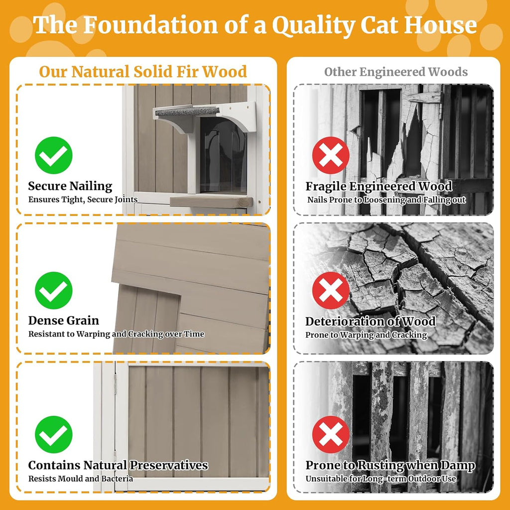 2-Story Outdoor Cat House, Weatherproof Wooden Feral Cat Shelter with Openable Roof, PVC Curtains, Transparent