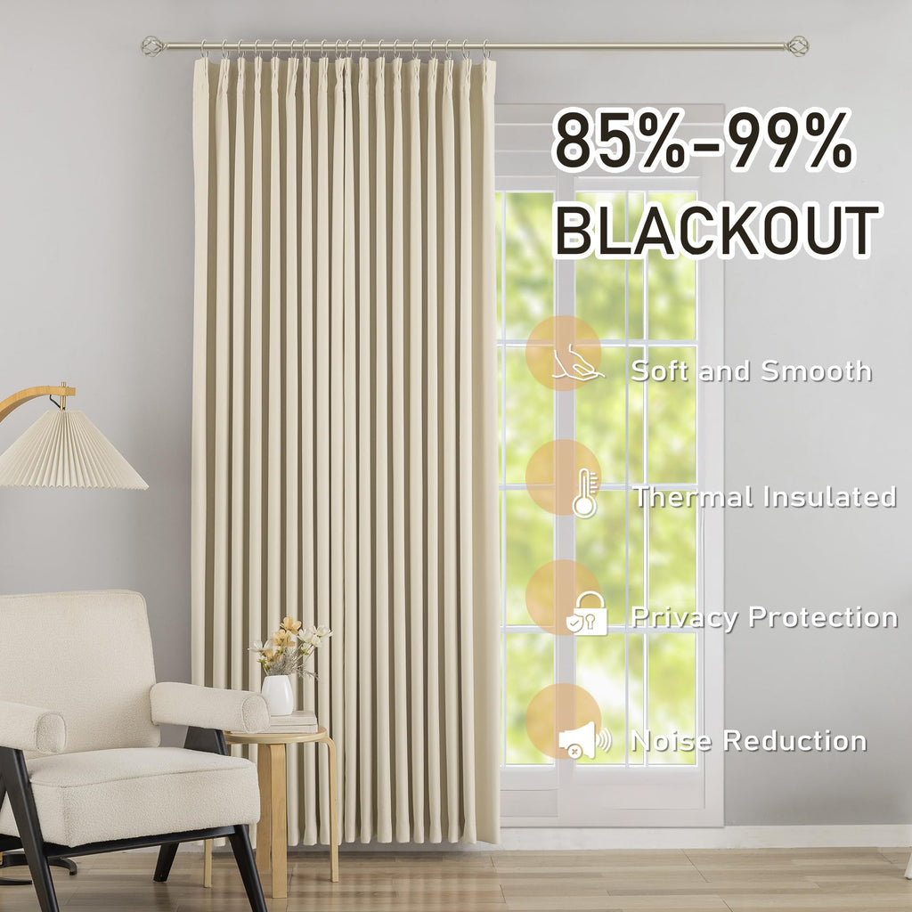 Cream Pinch Pleated Blackout Curtains with Hooks - 96 inch Length Room Darkening Thermal Insulated Window Curtain
