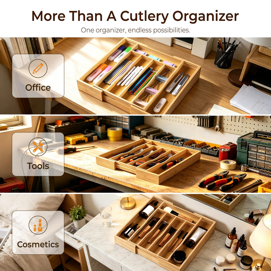 Expandable Bamboo Kitchen Drawer Organizer for Cutlery and Utensils, Adjustable Bamboo Wood Cutlery Tray in Drawer