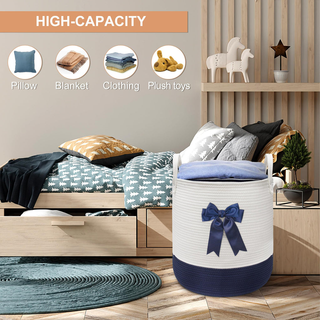 Blue Laundry Hamper with Bow, Tall Storage Basket