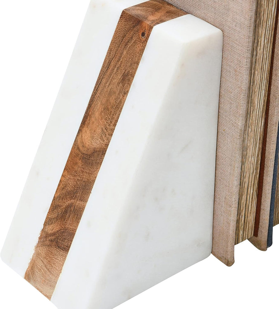 Marble Geometric Bookends with Wood Inlay, White