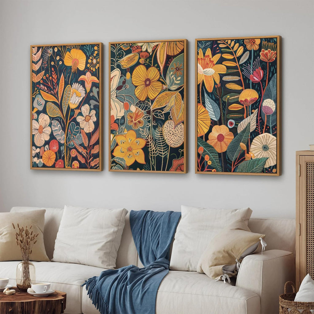 Orange Floral Framed Canvas Wall Art Set of 3, Mid Century Modern Flower Wall Decor, Neutral Plant Artwork, Boho