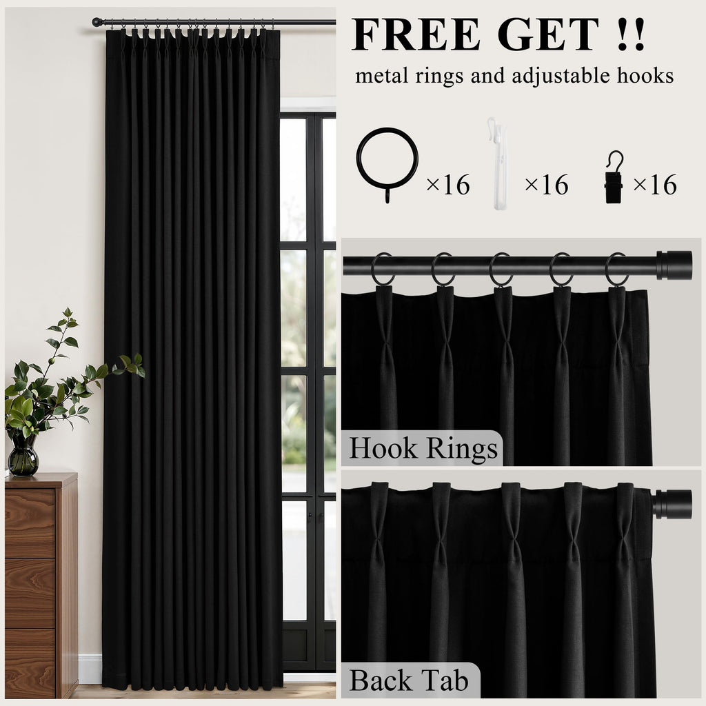 Black Pinch Pleated Linen Blackout Curtains 84 inch Long 2 Panels