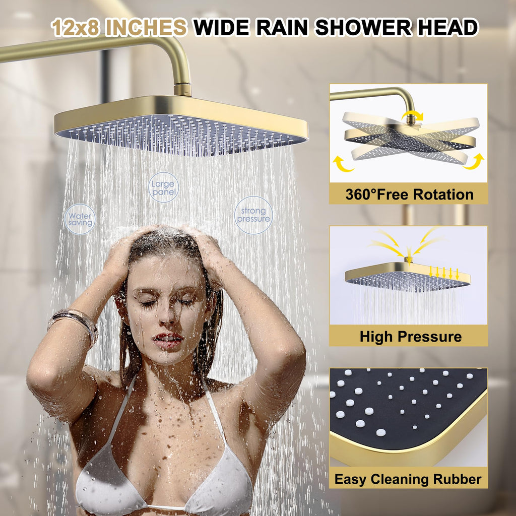 Shower Systems with 12 x8 Inches Rain Shower Head,Brushed Gold Exposed Pipe Shower System,3 Functions Tub Shower