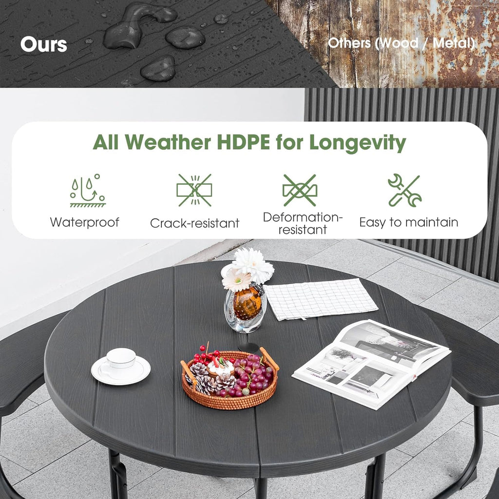 Round Picnic Table for Outdoors, 8 Person Outdoor Picnic Tables & Benches Set with Umbrella Hole, HDPE Tabletop &