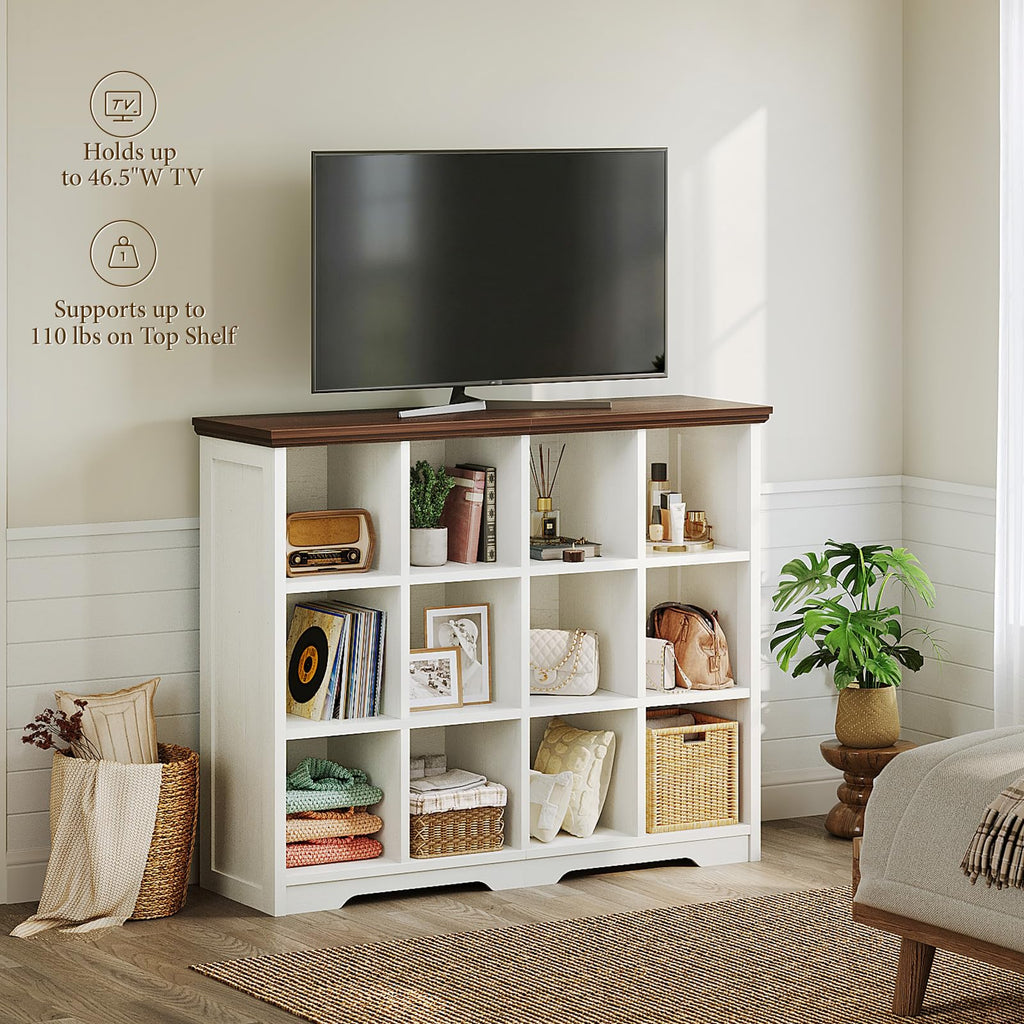12 Cube Organizer Bookcase, Cube Shelf with Storage, Walnut + White