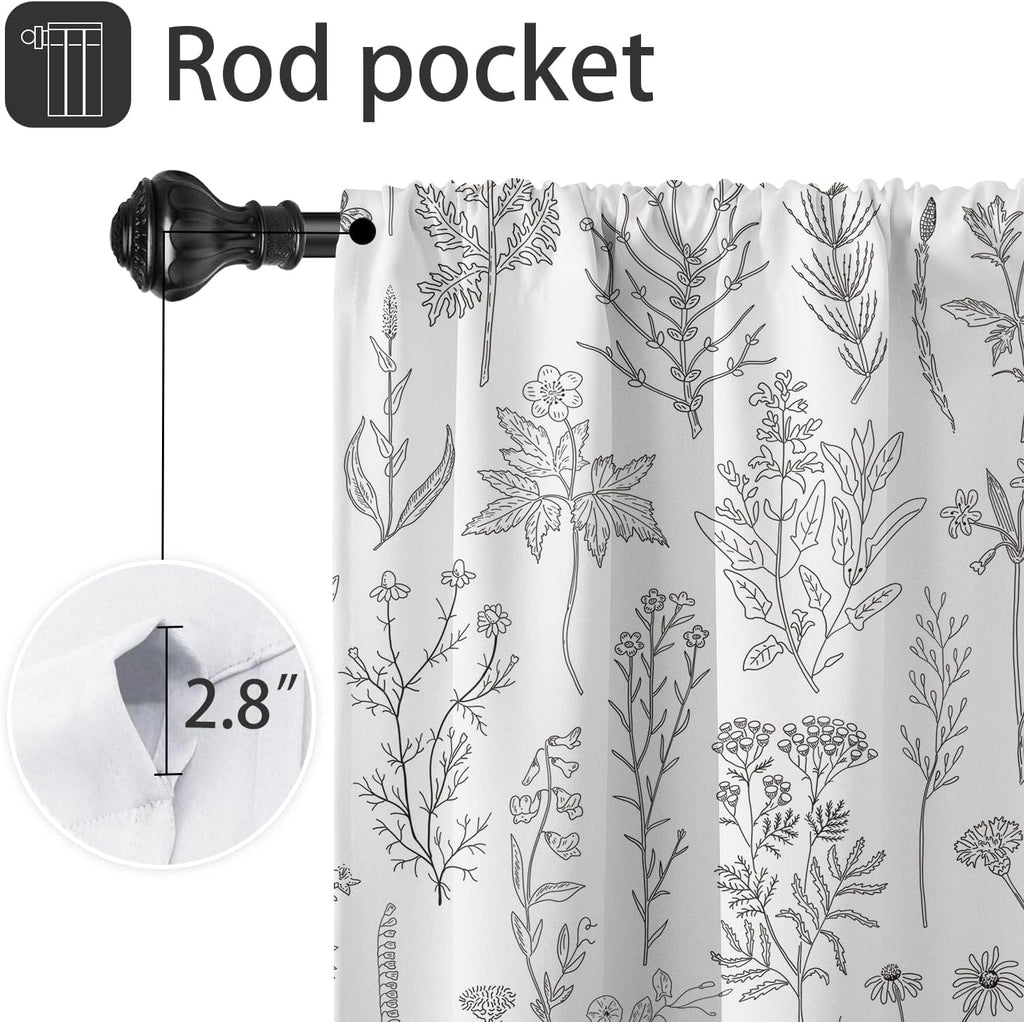 Vintage Floral Kitchen Window Curtains 27.5 x 39 Inch Small Short Mini Cafe Rod Pocket Retro Flower Black Grey and White Living Bedroom Room Home Treatment Set of 2 Curtain Panels Drapes Tiers