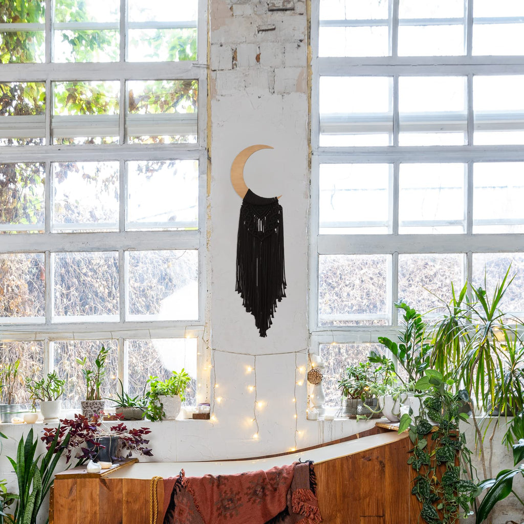 Macrame Wall Hanging Boho Moon Decor, Crescent Wooden Ornament with Tassel