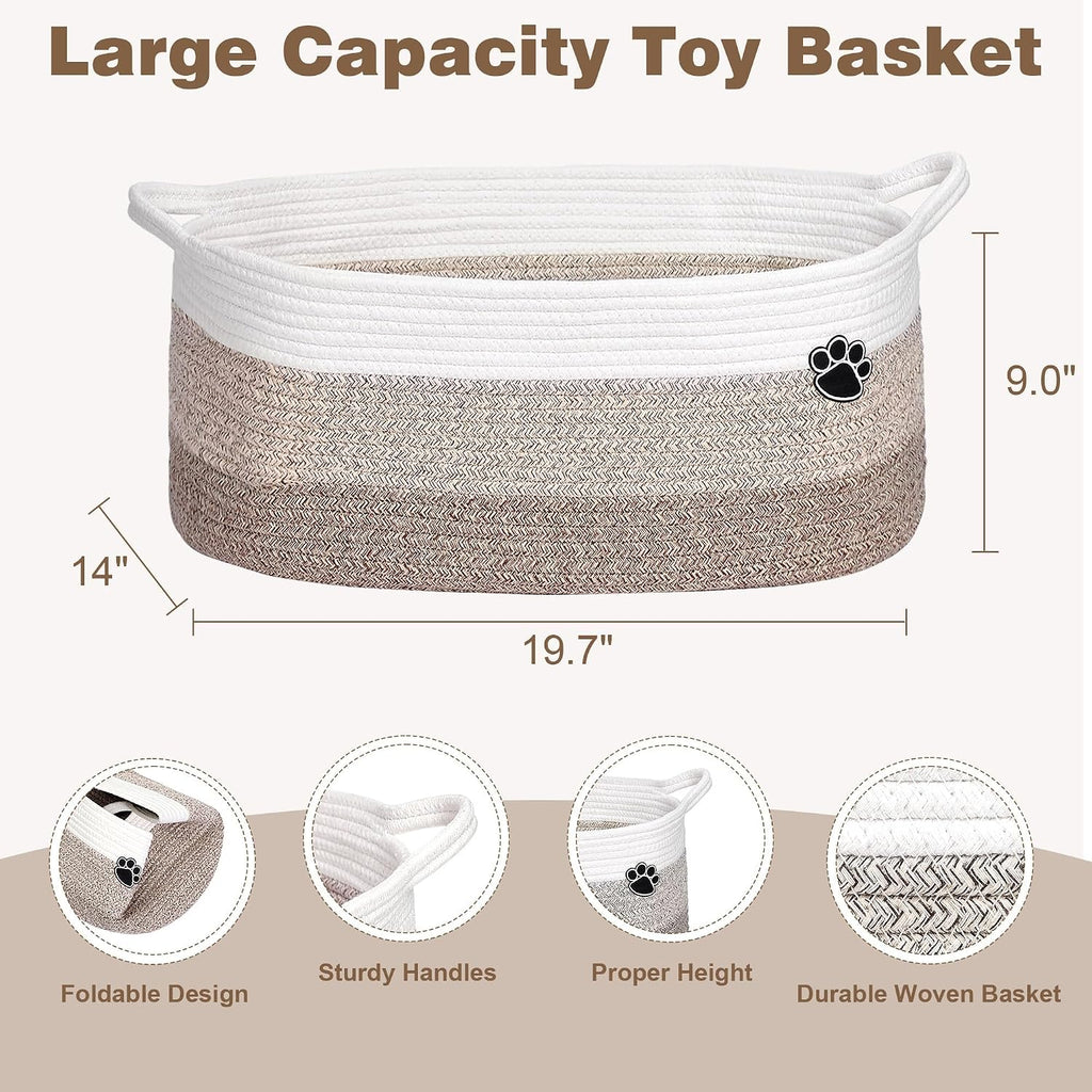 40L Extra Larg Dog Toy Basket, Woven Rope Storage Basket, White-Brown