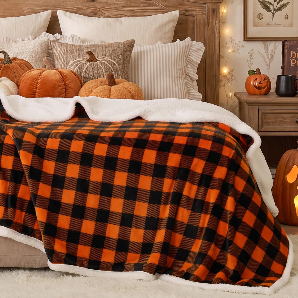 Halloween Sherpa Blanket for Decor & Gift, Orange & Black, 50"x60"