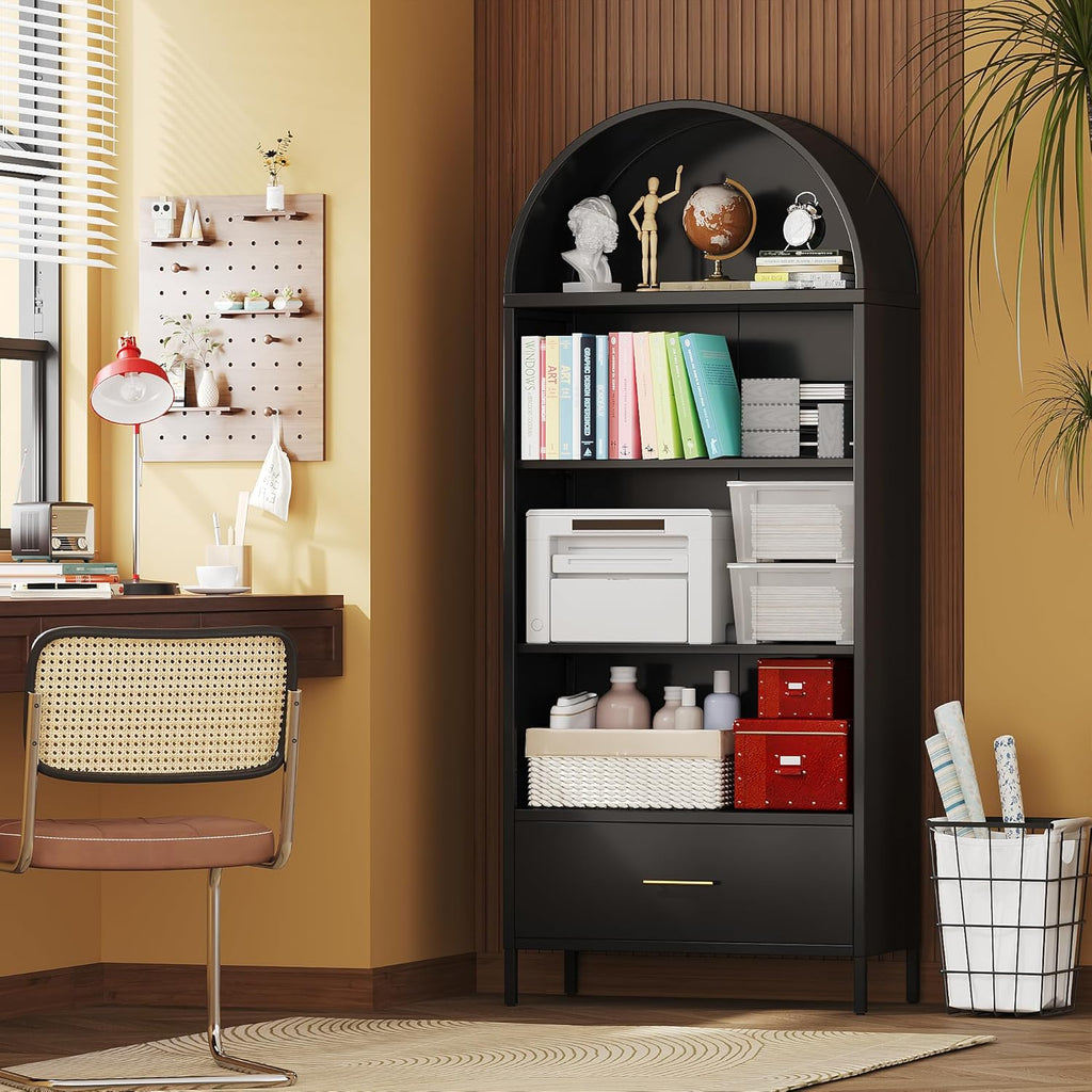 73" Tall Arched Bookcase with Drawer, Metal Arched Cabinet with 2 Adjustable Shelves, Open Display Shelf