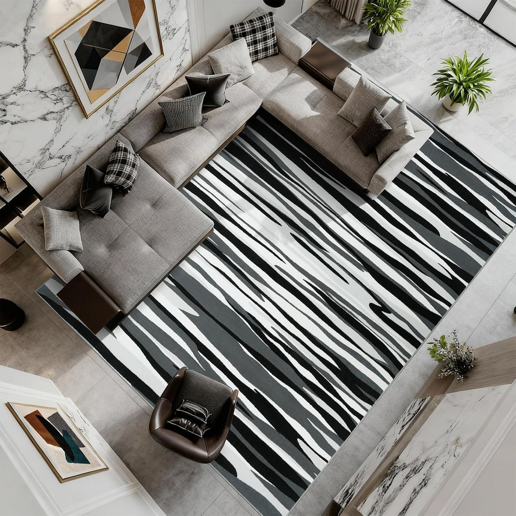 Area Rugs : Modern Abstract Black Grey and White Rug - Nonslip Washable Striped Rug Dining Room Office