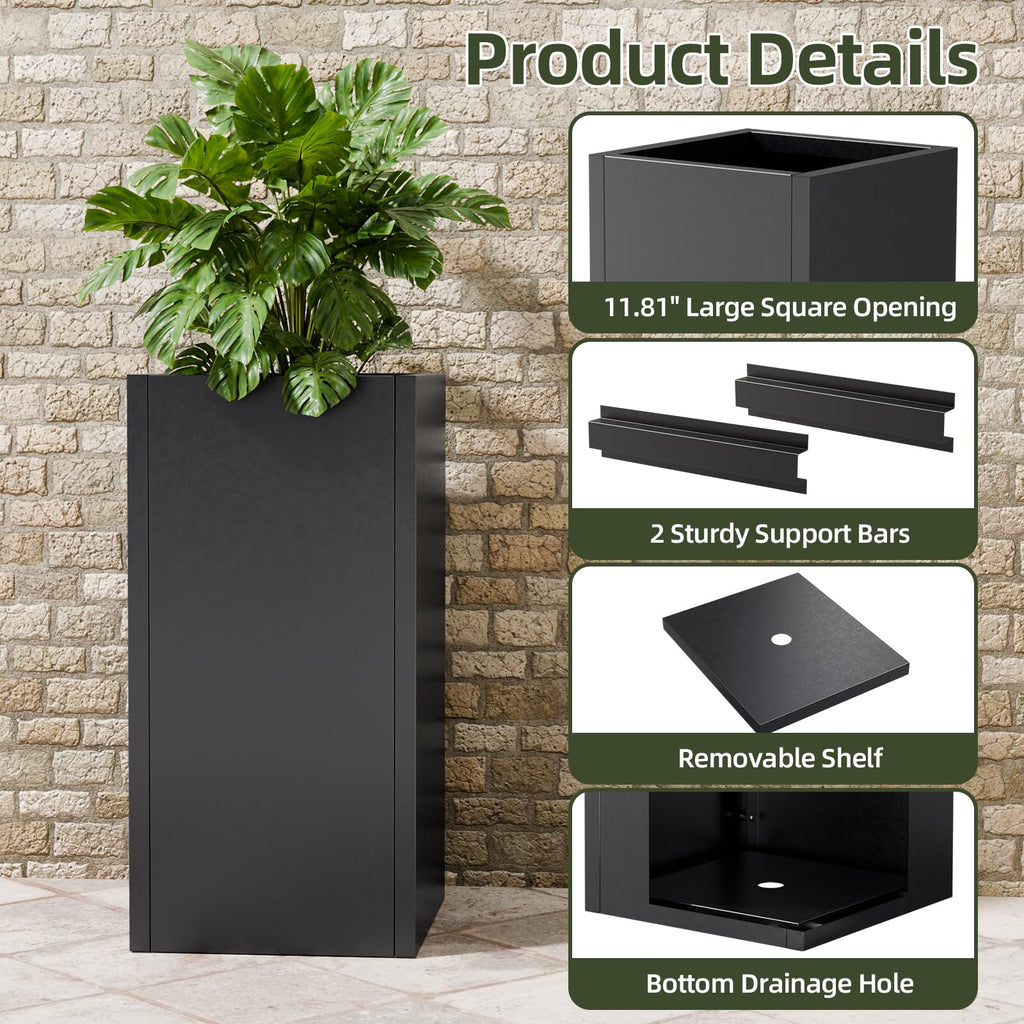 24" Tall Metal Planters Box for Outdoor Plants, 60cm H Square Black
