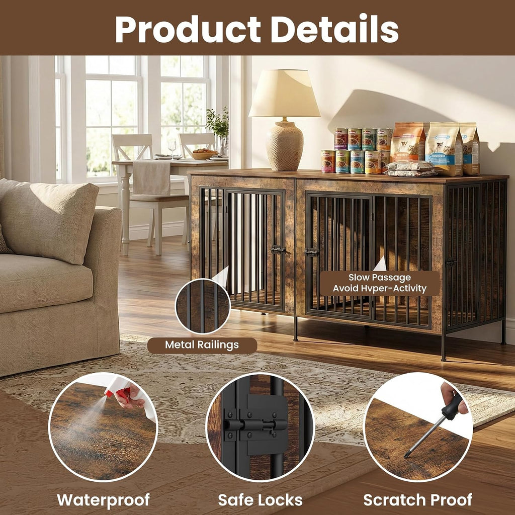 Dog Crate Furniture 78" Heavy Duty for 2 Large Dog, Sturdy Indoor Dog Kennel Table with 3 Doors, Elevated Robot