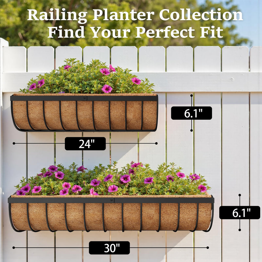 Railing Planter Boxes, 30 Inch Window Boxes Planters, Balcony Planters with Adjustable Brackets & Coco Liner for