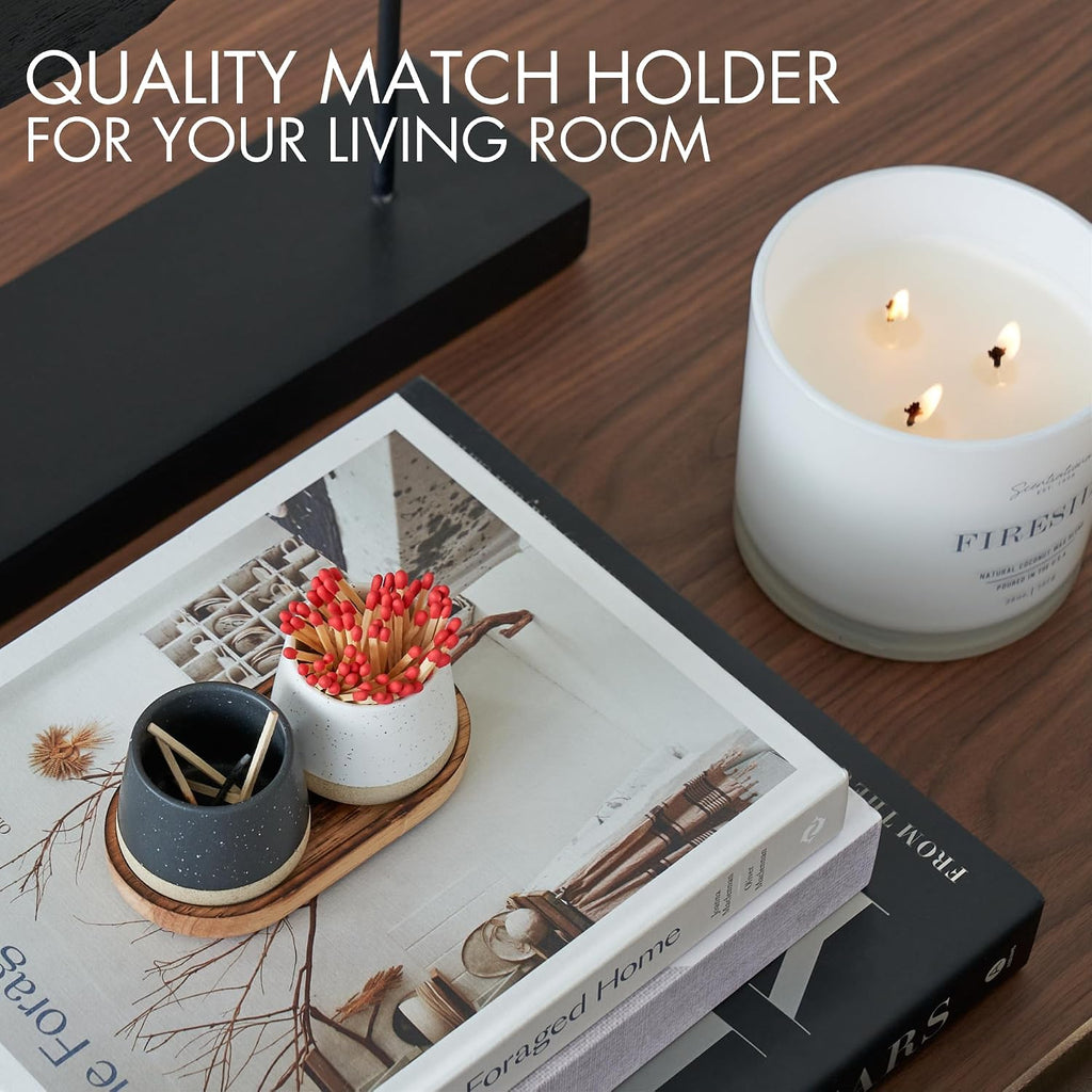 Decorative Ceramic Match Holder with Wooden Tray with Striker - Set of 2