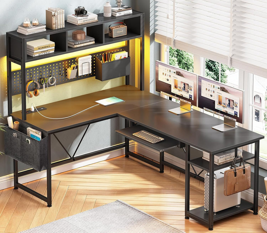 L Shaped Gaming Desk with Hutch, 57.5" Reversible Corner Computer Desk with Storage Shelves, Gaming Desk with