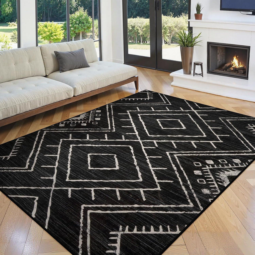 Western 5x7 Area Rug, Black Washable Rugs Bedroom, Non Slip Moroccan Tribal Rug Low Pile Modern Geometric Boho Area