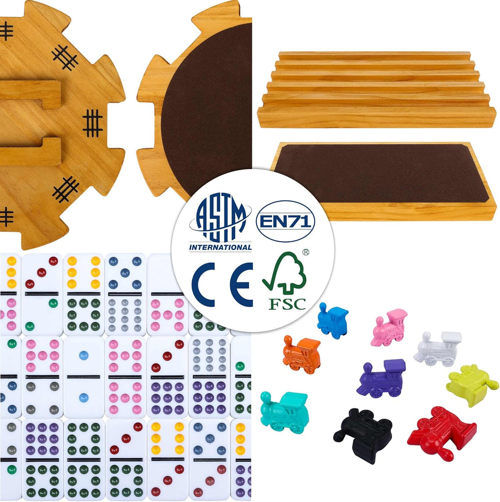 Double 12 Mexican Train Dominoes Set in Wooden Carry Case, Colored Dots Domino Set for Adults Kids and Family
