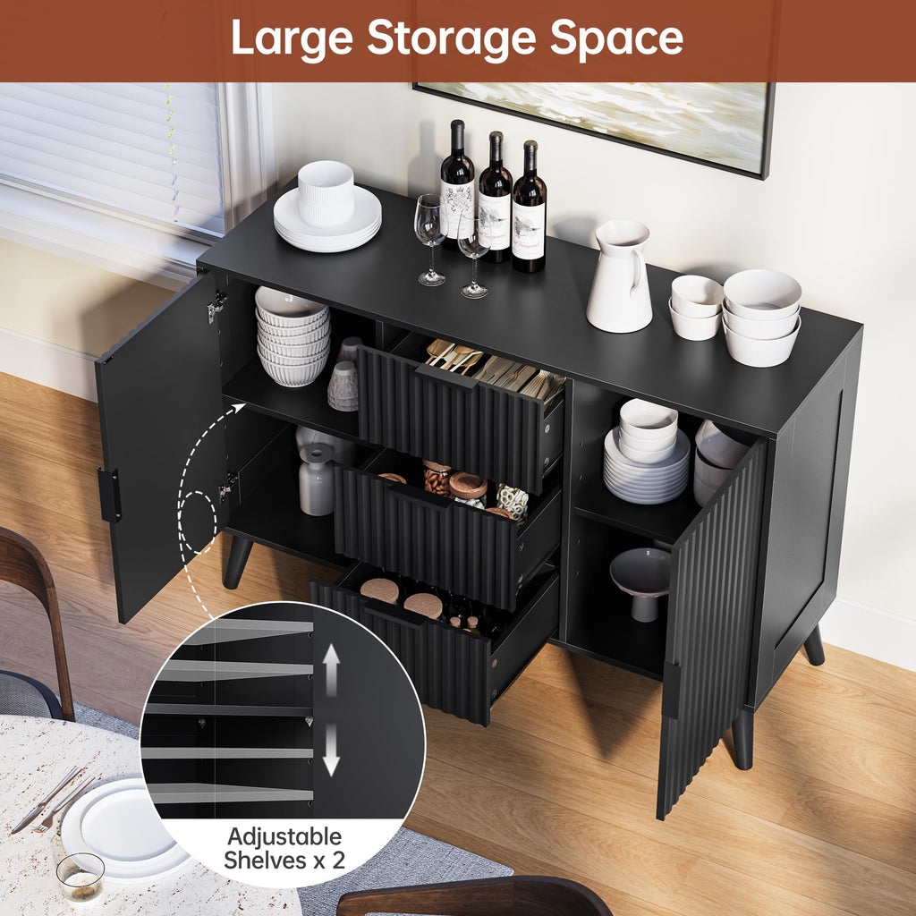 47.2" Fluted Sideboard Buffet Cabinet with 3 Drawers, Black Modern Buffet Cabinet with Storage, Large Storage