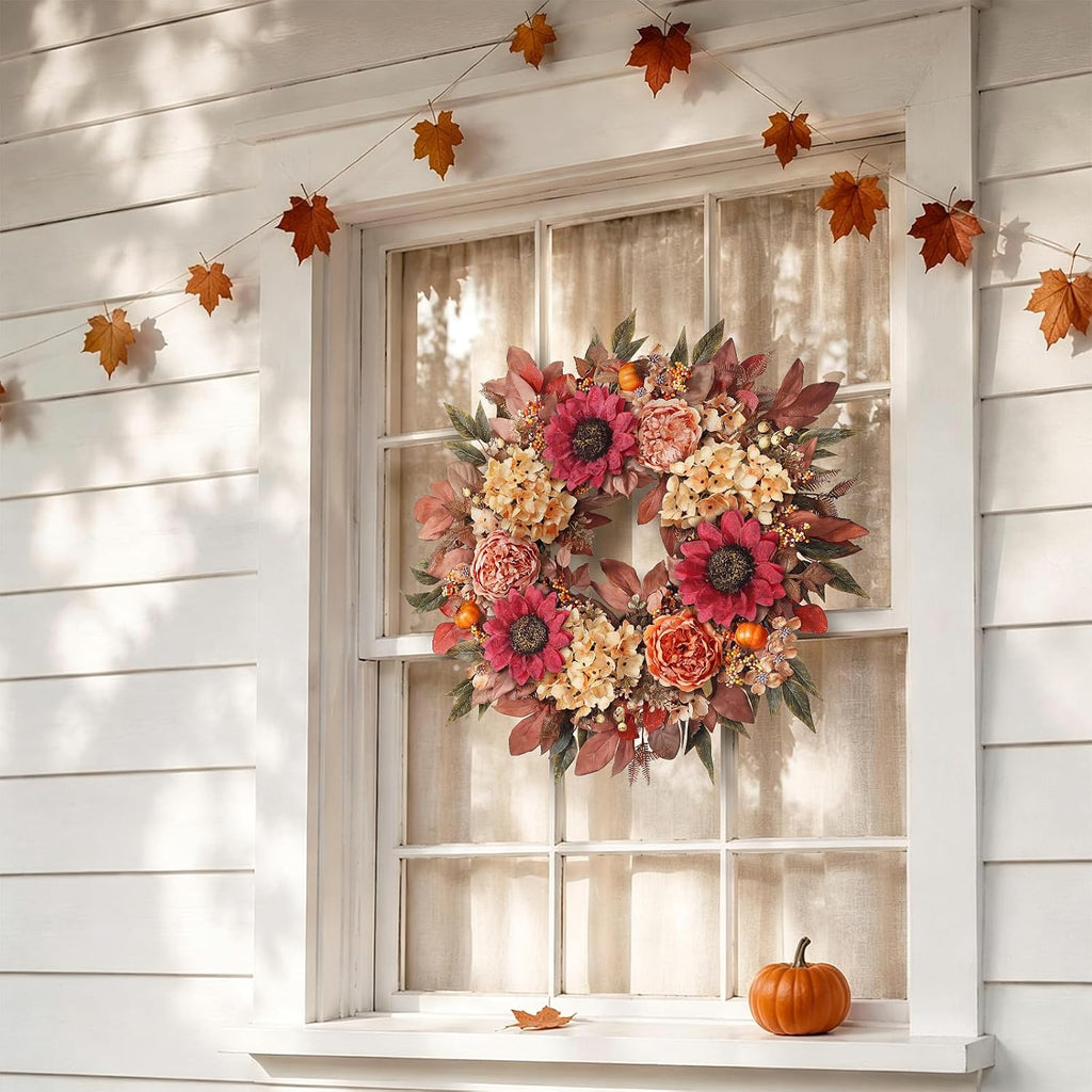 24"Fall Artificial Wreath with Sunflower Peony for Front Door Decor(Orange)