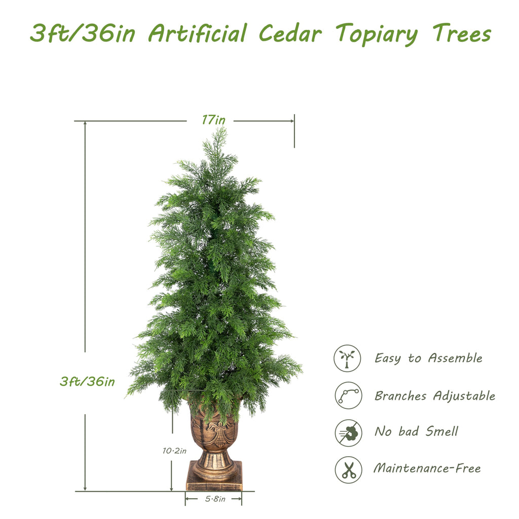 3FT UV Resistant Topiary Trees Artificial with Golden Urn Planter, 2 Set Artificial Cedar Trees for Outdoor, Faux