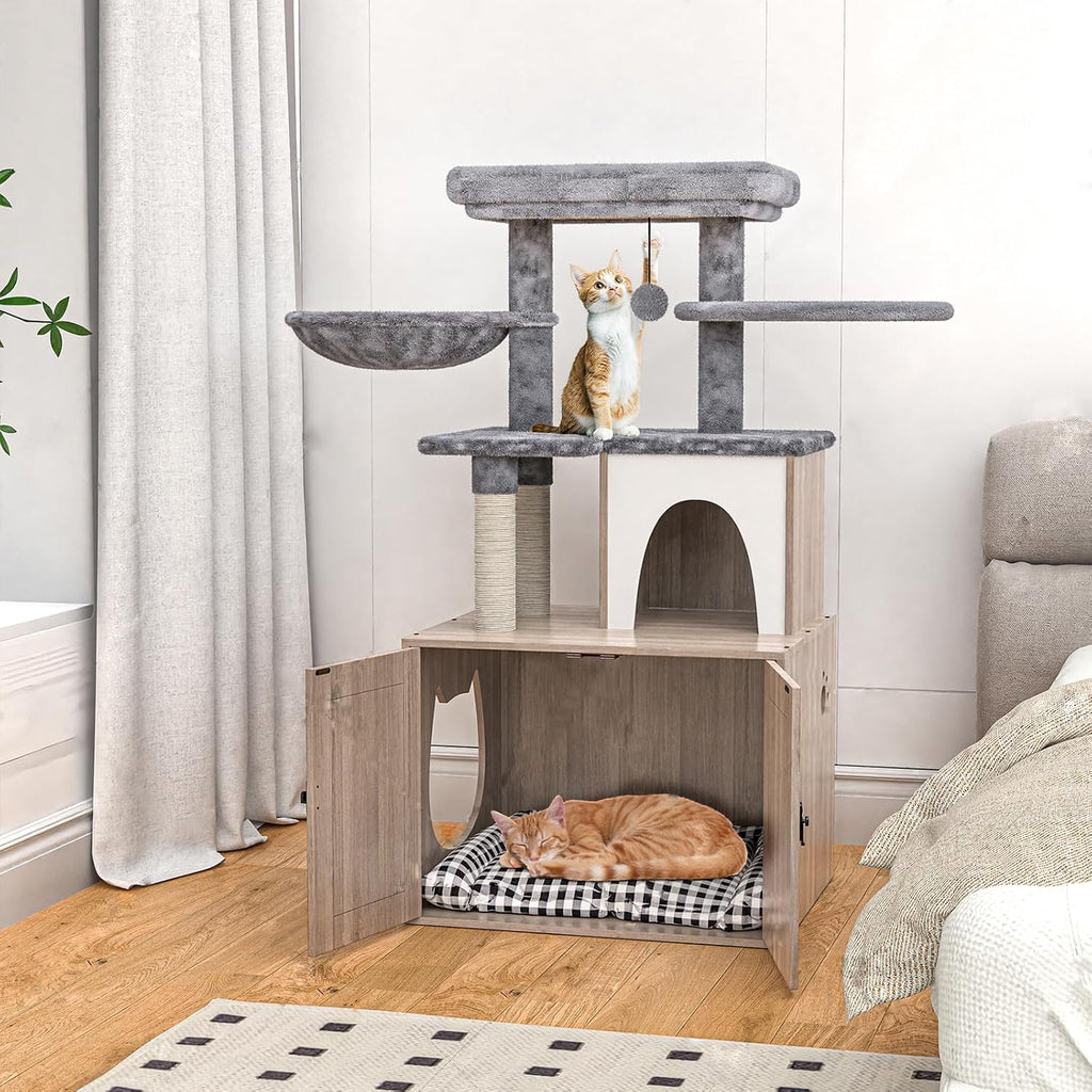 Litter Box Enclosure with Cat Tree, Cat Tree with Litter Box Enclosure, Hidden Pet Washroom Furniture with Sisal