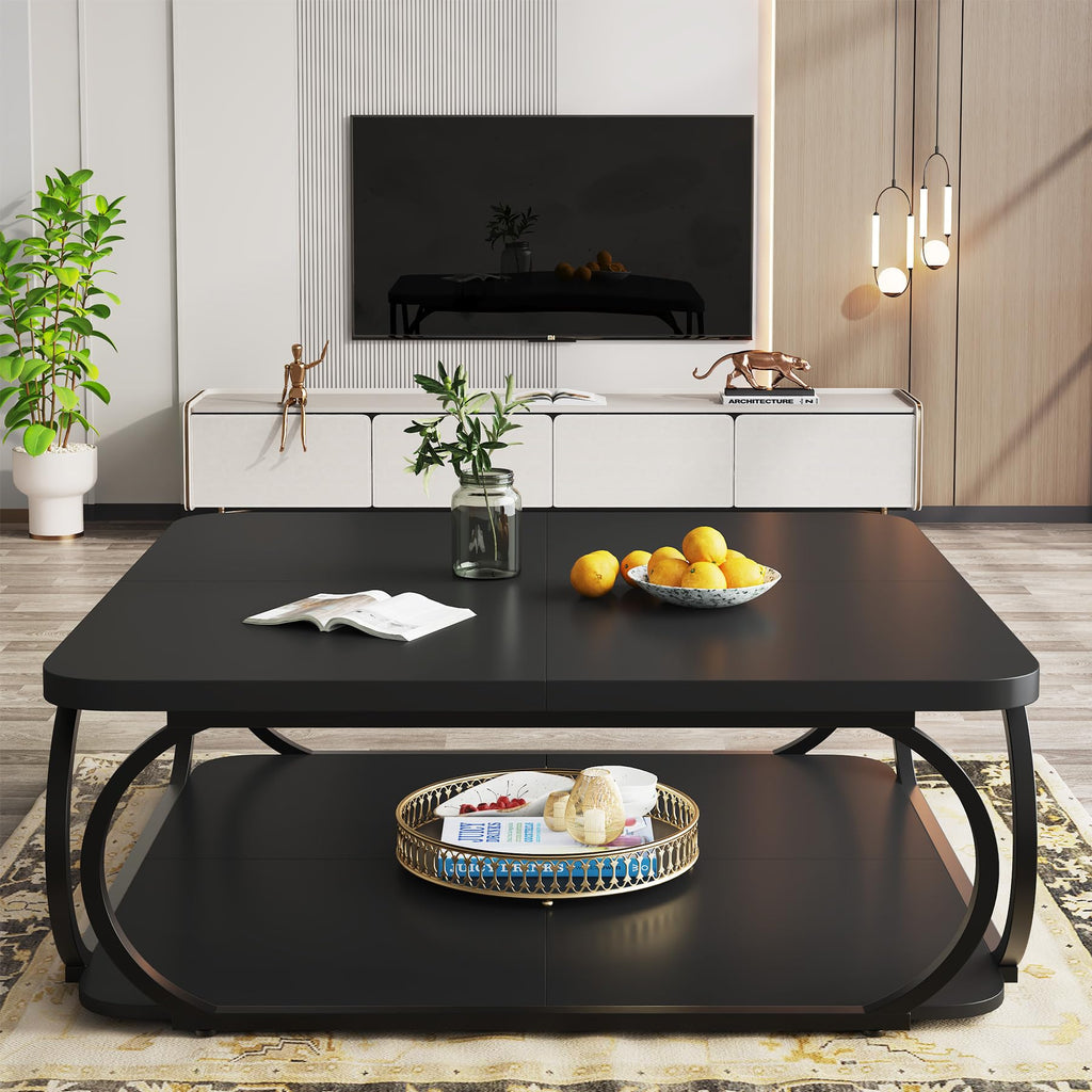 Square Coffee Table with Open Storage Shelf, 39 Inch Large Wood Center Table 2 Tier Low Coffee Tables Farmhouse Tea