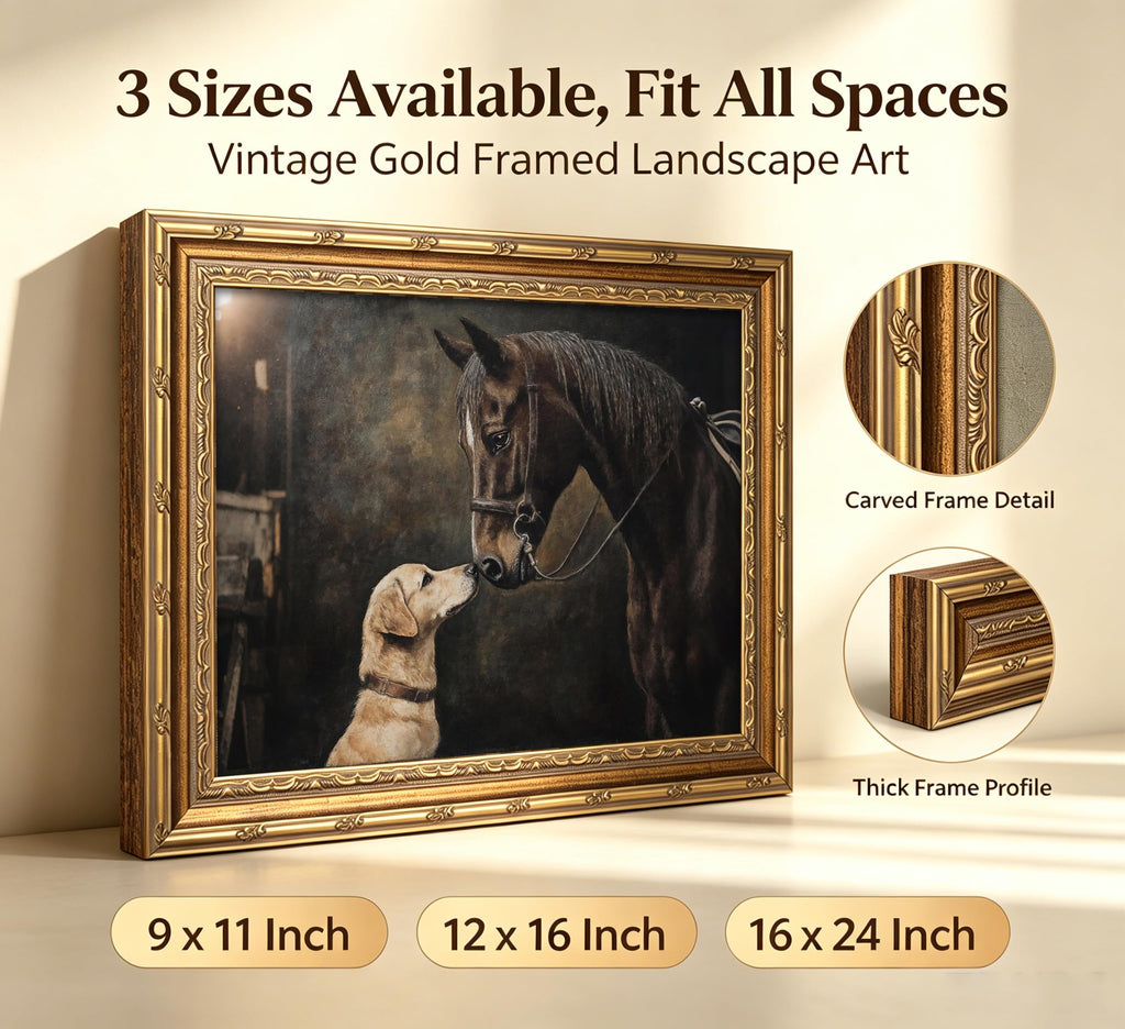 Gold Framed Vintage Horse And Dog Canvas Wall Art Rustic Farmhouse Retro Animal Landscape Painting Picture Wall Decor