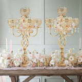 Crystal Candelabra Centerpiece, 5-Light Gold Metal Stand with Hanging Crystals, Decorative Wedding Table Holder (2