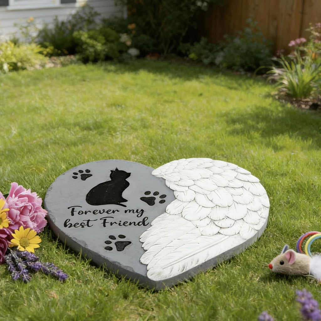 Landoraloria Cat Memorial Stepping Stone 10" Heart with Wings Outdoor Pet Grave Marker Cement Garden Remembrance