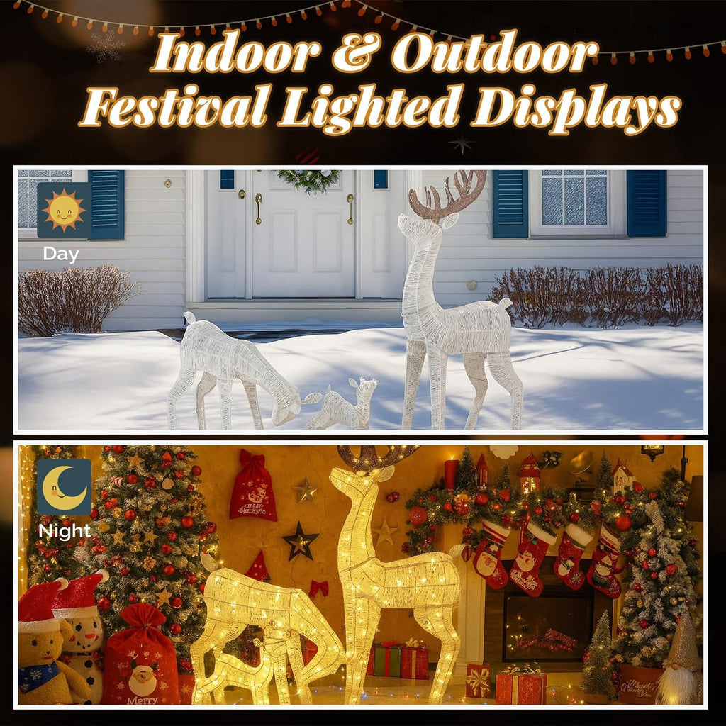 5FT 3D Lighted Outdoor Christmas Deer Family Set, 3- Piece Christmas Reindeers with 280 Warm LED Lights, Yard