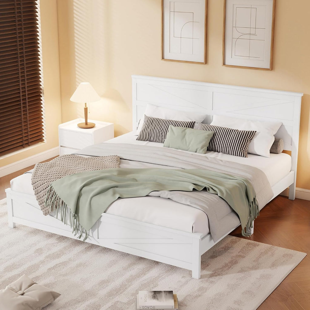 Rustic Platform Bed Frame with Barn Door Design Headboard and Footboard for Bedroom, King Pine Wood Bed with Wooden