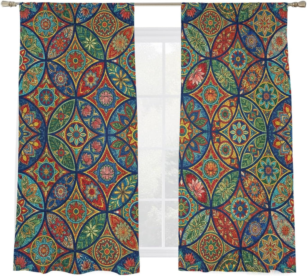 Vintage Boho Sheer Curtains 72 Inch Length 2 Panels, Ethnic Floral Geometric Green Blue Red Voile Kitchen Curtain