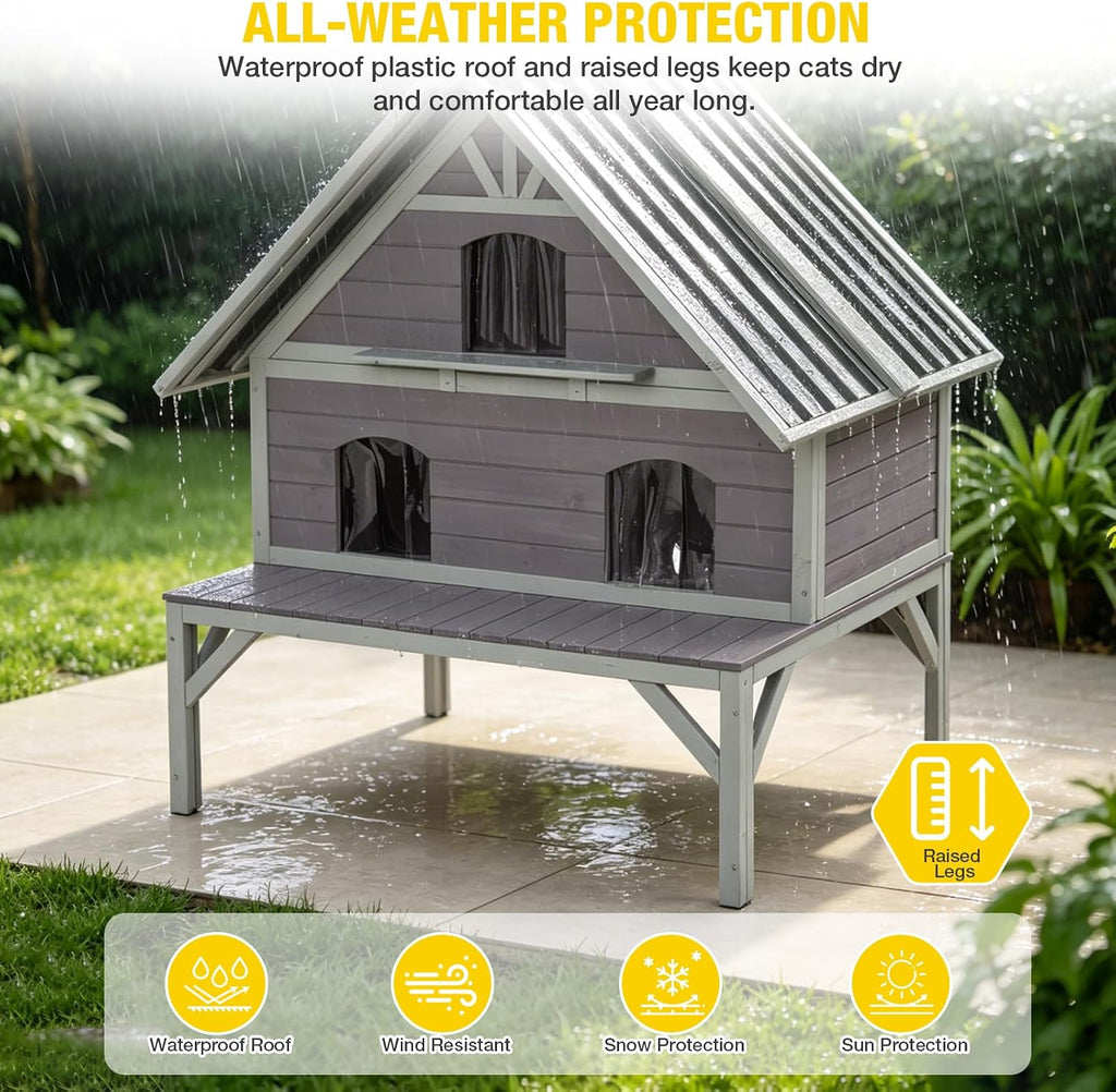 Extra Large 2-Tier Wooden Outdoor Cat House Weatherproof with Sun Balcony & 3 Escape Doors, Solid Wood Feral Cat