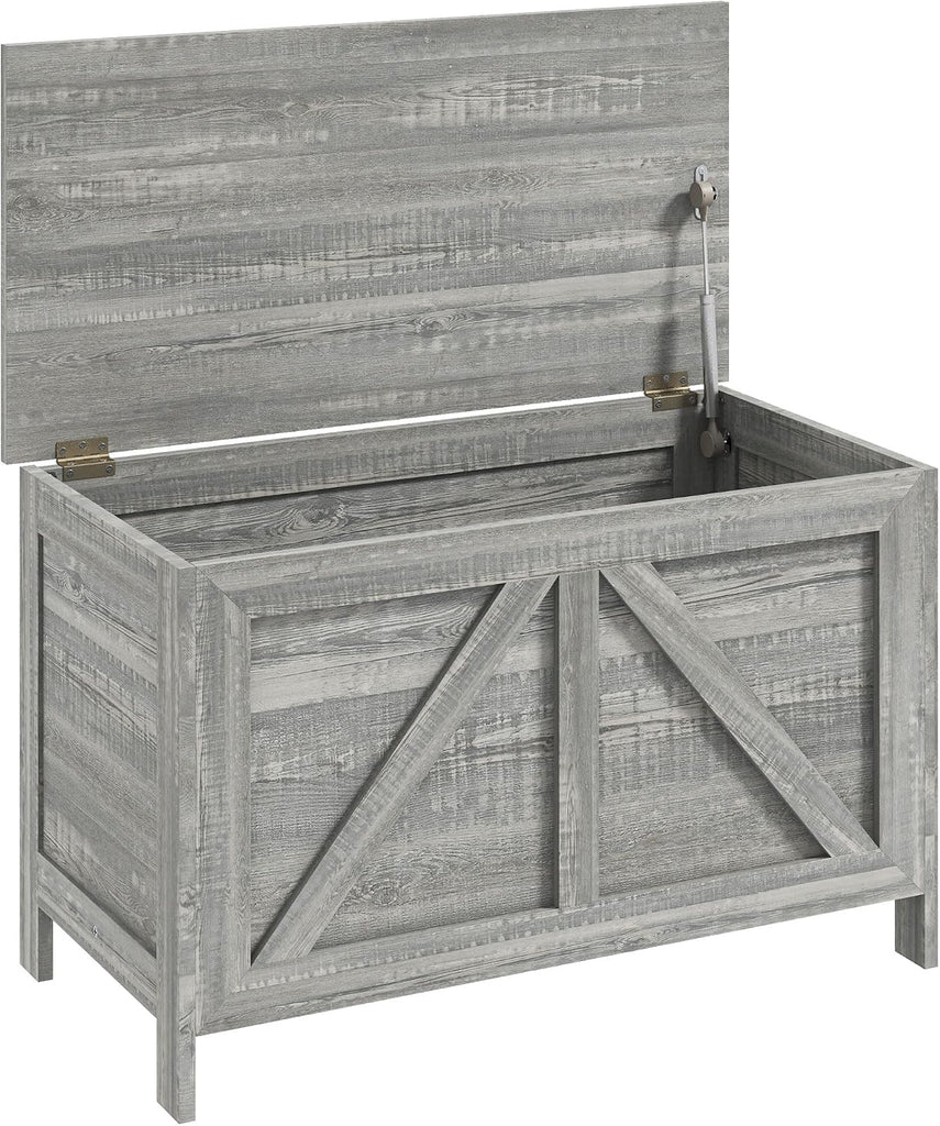 30" Farmhouse Storage Bench Lift Top Storage Chest in Light Gray | Safety Hinge, Open Up 100°, Wooden Trunk, Bedroom