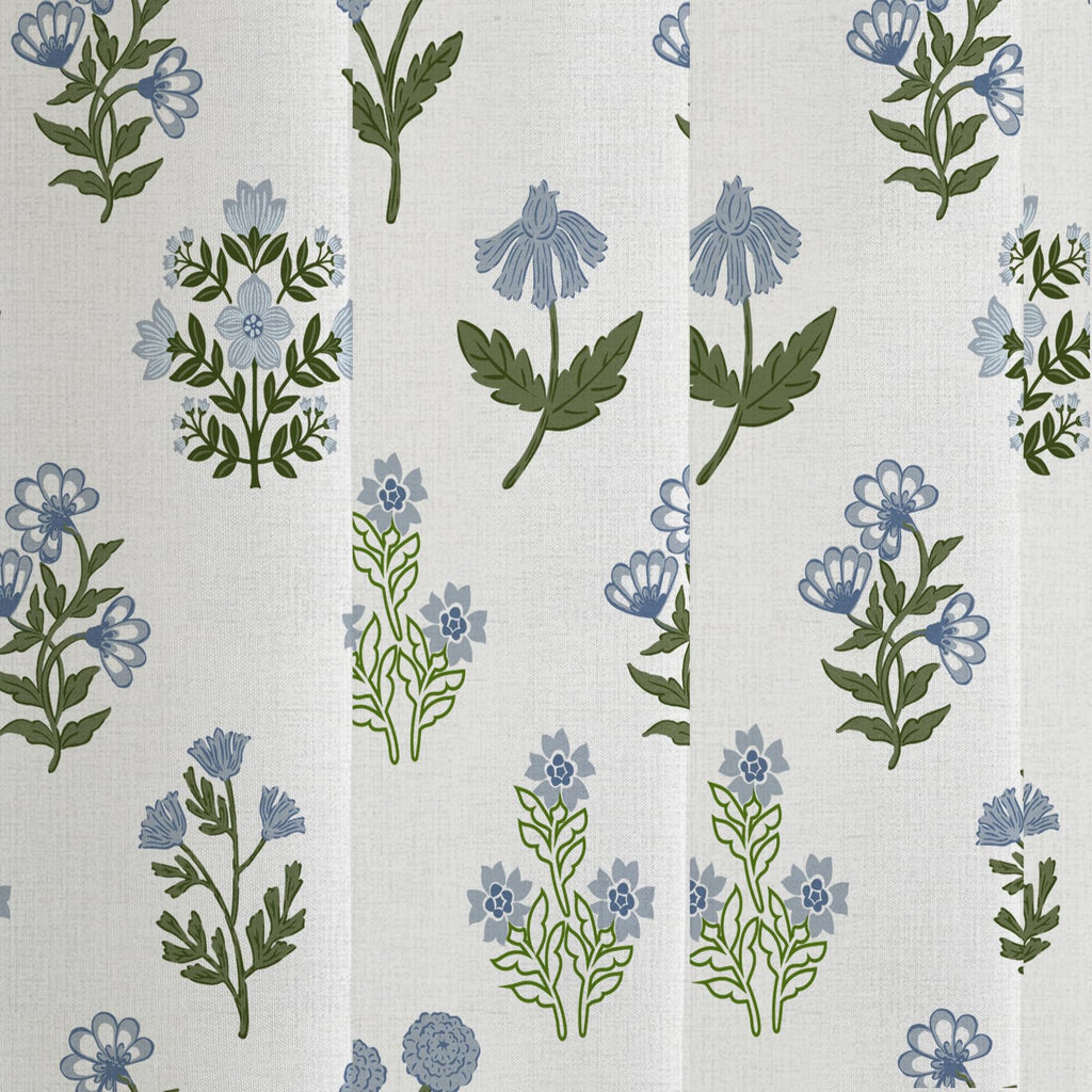 Abstract Vintage Floral Cotton - Floral Block Print Pattern in Blue and Green, Botanical Boho Set for Rustic Farmhouse