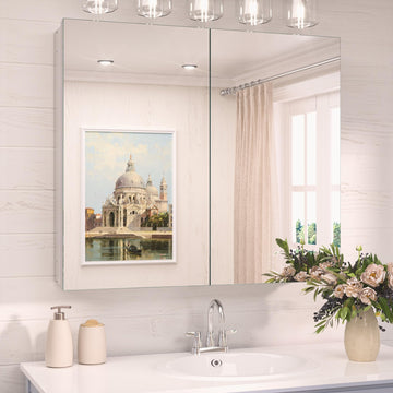 30 x 26 Silver Aluminum Medicine Cabinet Mirror Surface Mount or Recessed with Stepless Adjustable Shelves Modern