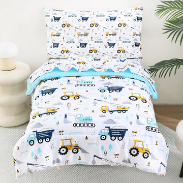 Cars Toddler Bedding Set, 4-Piece Bed-in-a-Bag Comforter Set for Boys, Construction Truck Bedding, Machine Washable