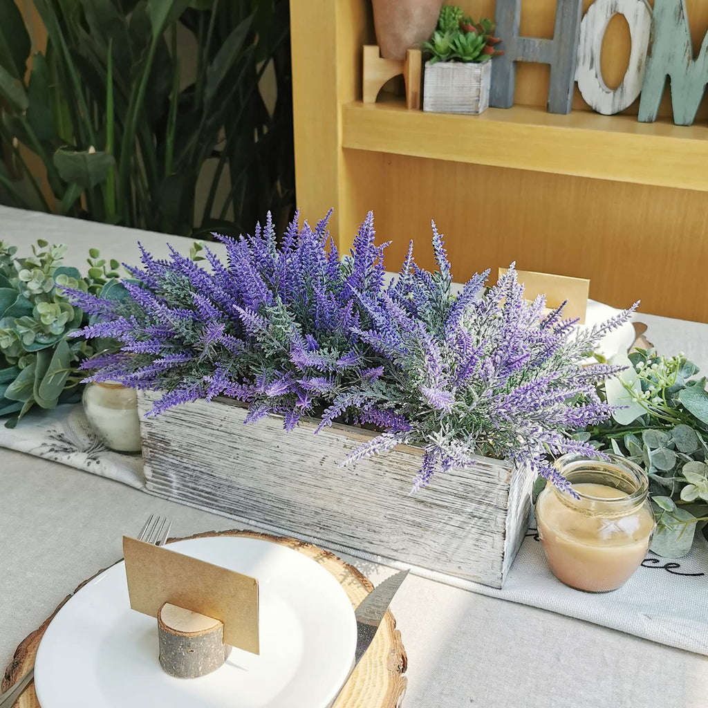 Fake Lavender Flower Arrangement in Rustic Rectangular Wood Planter Box Artificial Potted Lavender Plant for Gifts