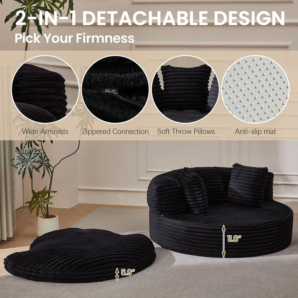 55'' Oversized Round Boneless Chair, Cozy Corduroy Cloud Chair with 3 Pillows, Deep Seat Chaise Lounge Chair Indoor