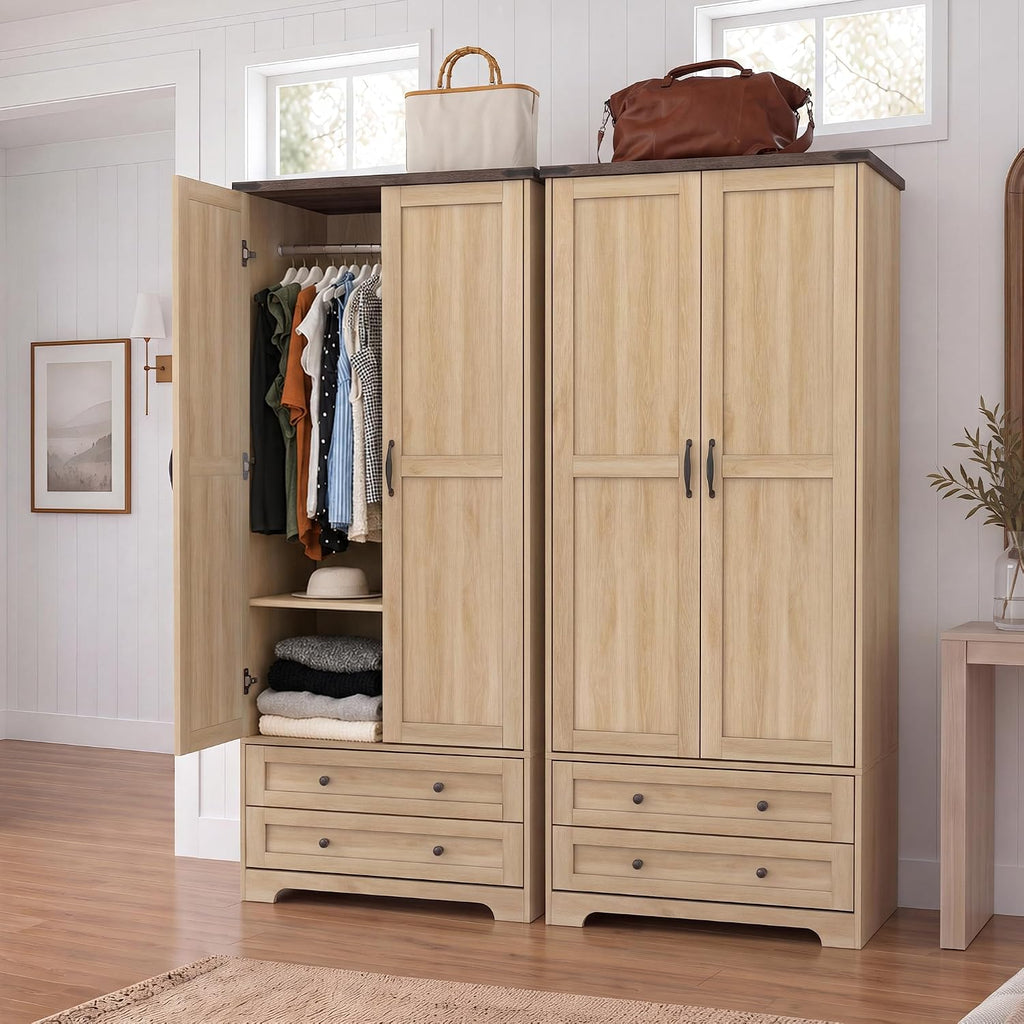 71" Wooden Armoire Wardrobe Closet with 2 Doors & 2 Drawers, Natural | Modern Tall Storage Cabinet with Adjustable