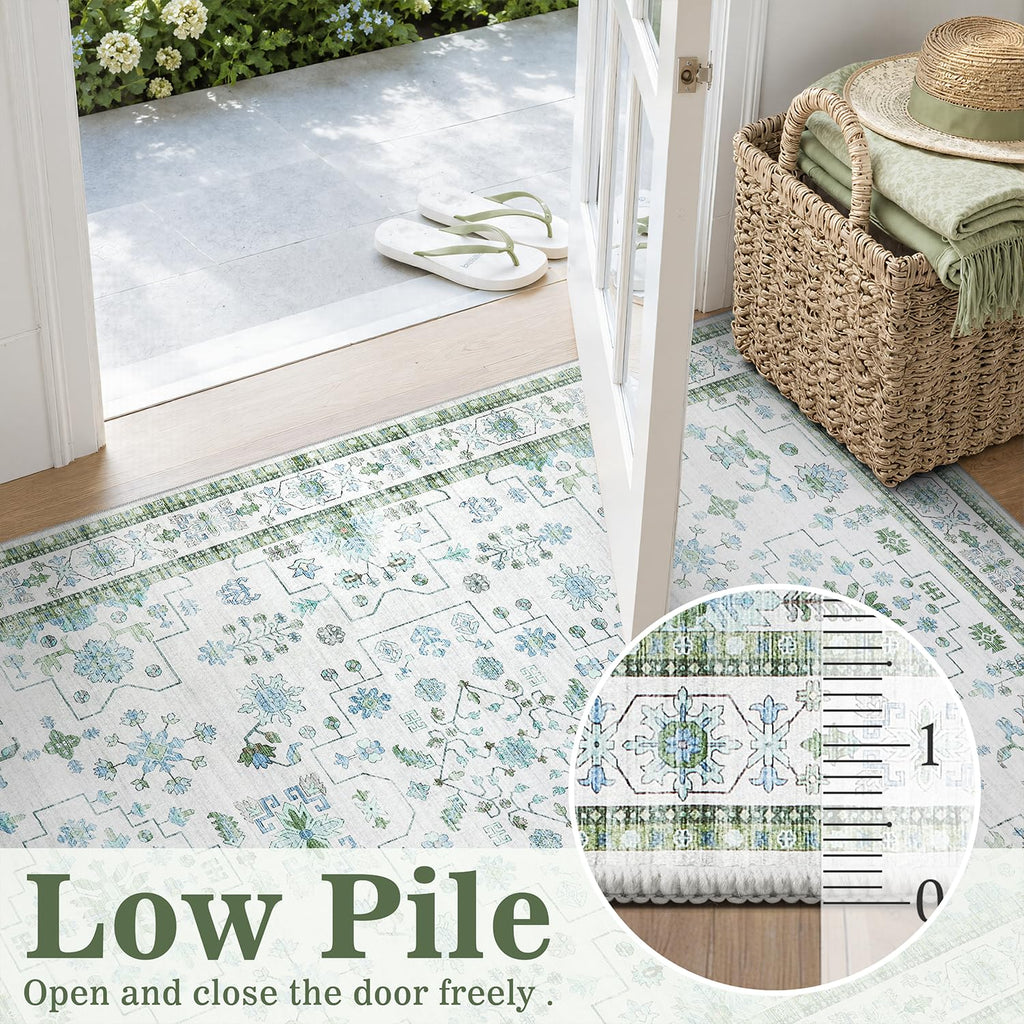 Green Washable 2x6 Runner Rug, Vintage Pastel Boho Area Rug
